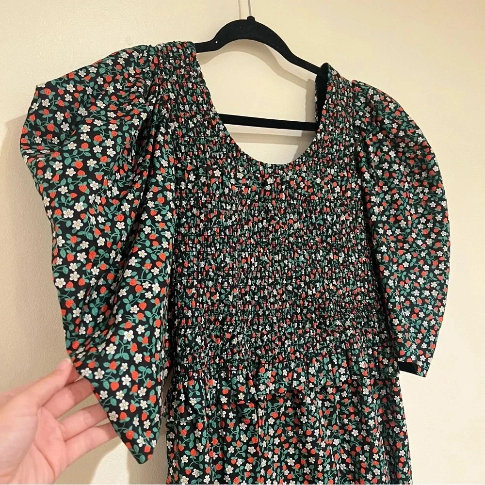Sea New York Liberty Black Strawberry Print Tie Back Puff Sleeve Mini Dress L